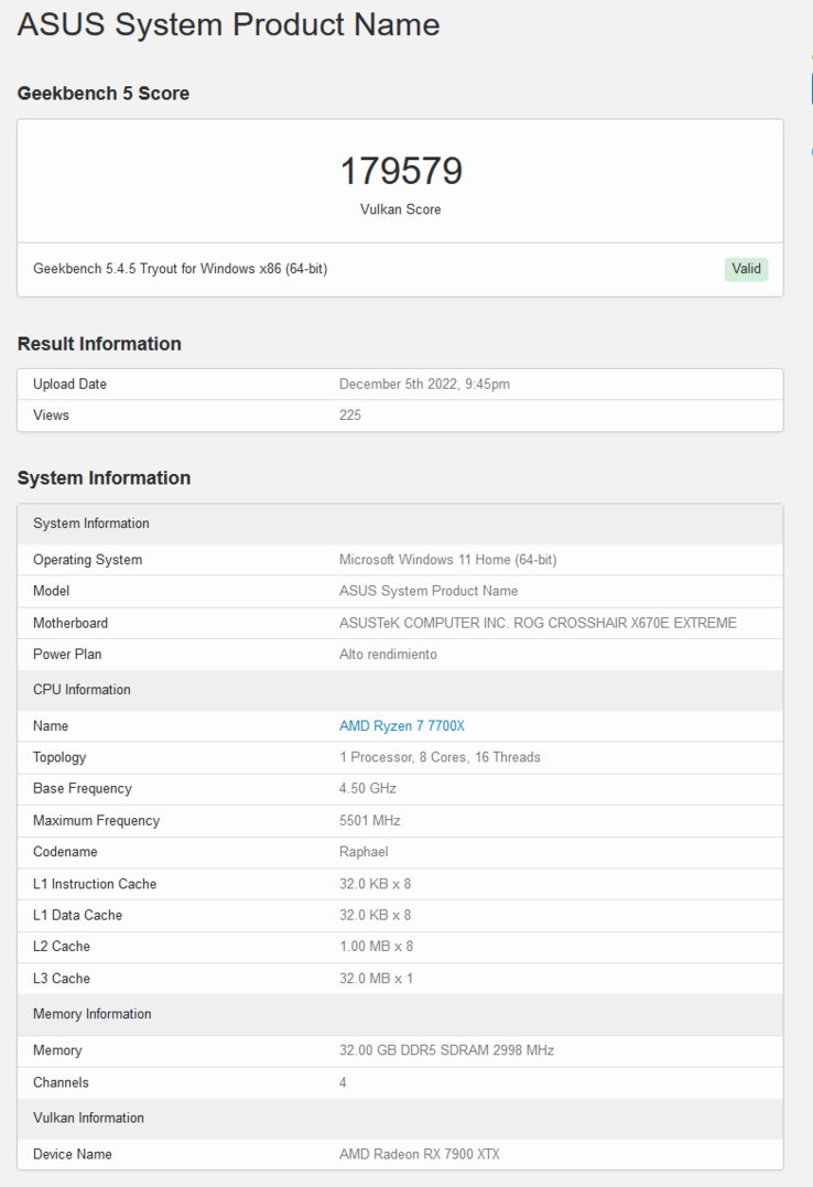 Atualização da pontuação AMD Radeon RX 7900 XTX Vulkan (imagem via Geekbench)