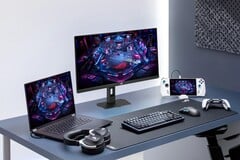 Monitor para jogos Asus XG27UCMG, juntamente com diversos produtos eletrônicos da Asus