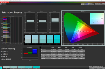 Saturação de cor (modo de cor padrão, temperatura de cor quente, espaço de cor alvo sRGB)