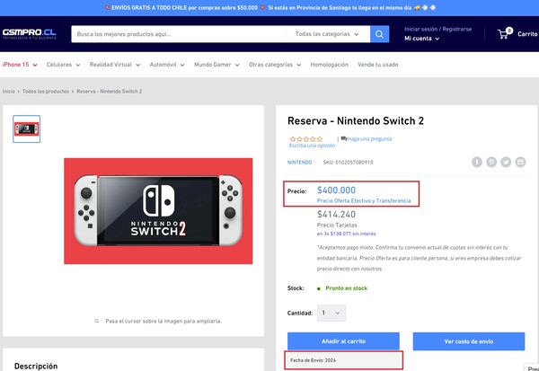 Página de reserva do Nintendo Switch 2. (Fonte da imagem: GSMPRO.CL)