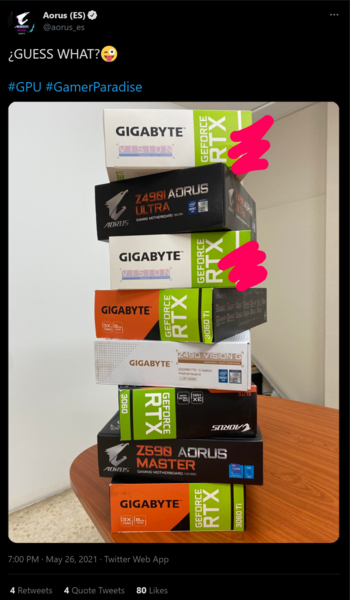 A AORUS Spain não conseguiu cobrir toda a marca RTX 3080 Ti em seu tweet. (Fonte da imagem: AORUS Spain)