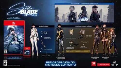 É exibido um anúncio do “Stellar Blade Complete Edition”
