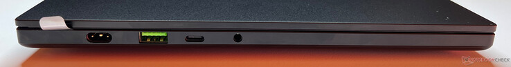 Lado esquerdo: Alimentação, USB-A 3.2 Gen.2 (10 Gbps), USB-C 4.0 (40 Gbps, DisplayPort 2.1, Power Delivery), áudio de 3,5 mm
