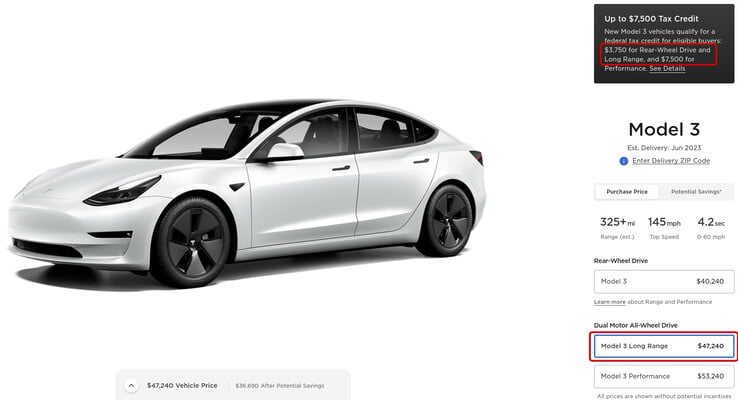 A página de configuração do Modelo 3 da Tesla mostra a quantidade de créditos fiscais a que cada um dos níveis de acabamento se qualifica. (Fonte da imagem: Tesla)