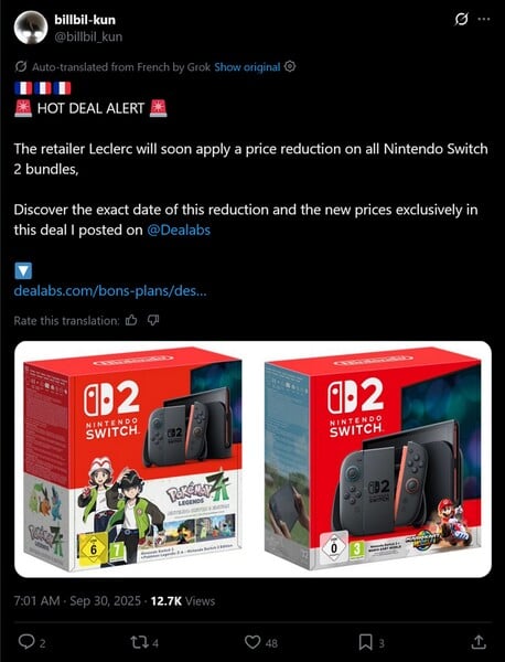 publicação de billbil-kun X sobre a queda de preço do Switch 2 (Fonte da imagem: captura de tela, conta billbil-kun x)