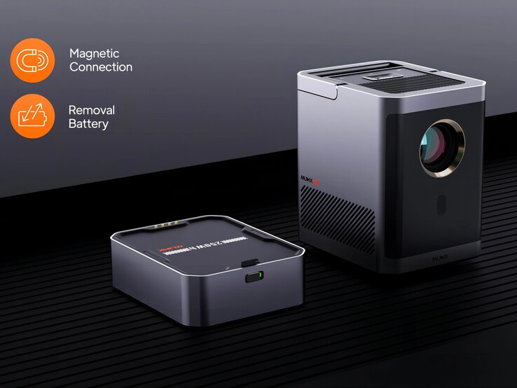 O MUDIX Portable Outdoor Projector tem uma bateria removível que se prende por meio de ímãs. (Fonte da imagem: MUDIX)
