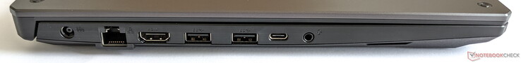 Lado esquerdo: Fonte de alimentação, Gigabit LAN, HDMI 2.0b, 2x USB-A 3.2 Gen. 2, 1x USB-C 3.2 Gen. 2, conector de áudio combinado