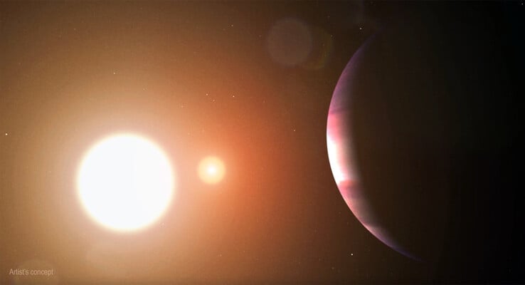 Ilustração de um artista mostrando um exoplaneta orbitando duas estrelas.