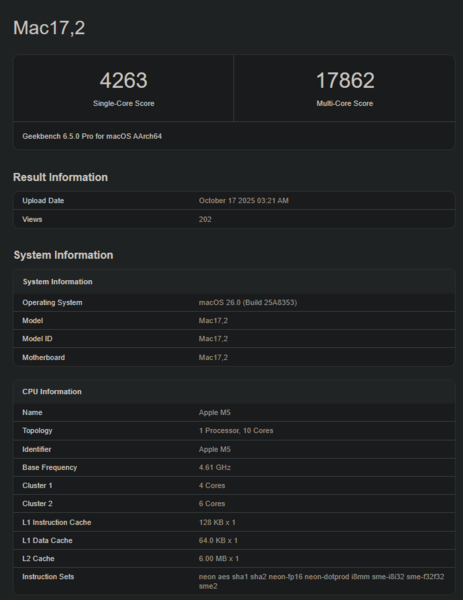 Apple Pontuação do Geekbench do M5 (fonte da imagem: Geekbench)