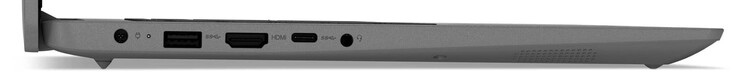 Lado esquerdo: Porta de alimentação, USB 3.2 Gen 1 (USB-A), HDMI, USB 3.2 Gen 1 (USB-C; Fornecimento de energia, Displayport), combinação de áudio.