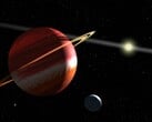 Uma ilustração mostrando um planeta, uma lua e uma estrela.