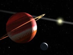 Uma ilustração mostrando um planeta, uma lua e uma estrela.