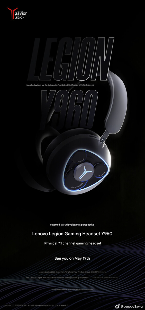A imagem teaser do headset para jogos Legion Y960 (tradução automática)