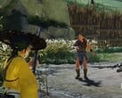 Atsu, de Ghost of Yotei, com uma arma em um campo inimigo. (Fonte da imagem: PlayStation no YouTube, captura de tela)