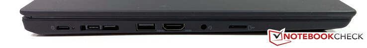Esquerda: 2x USB-C 3.2 Gen 2, porta de acoplamento/miniEthernet, USB-A 3.2 Gen 1, HDMI 2.0, áudio 3.5mm, microSD