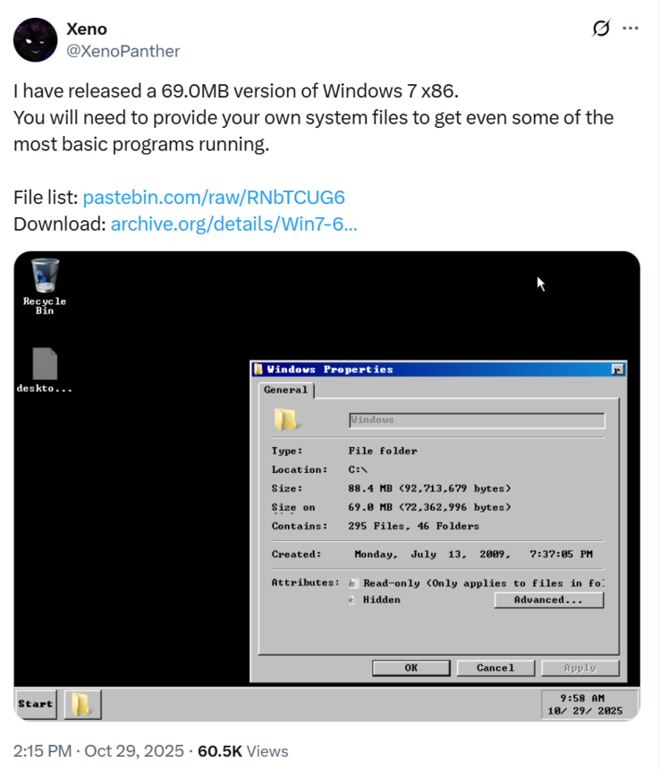 Windows 7 (foto) inicializando na área de trabalho na compilação leve de @XenoPanther (Fonte da imagem: @XenoPanther)