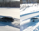 O Audi RS4 Avant Quattro leva a luta AWD para o Model 3 Performance de motor duplo da Tesla em uma pista de testes de inverno. (Fonte da imagem: Tyre Reviews no YouTube)