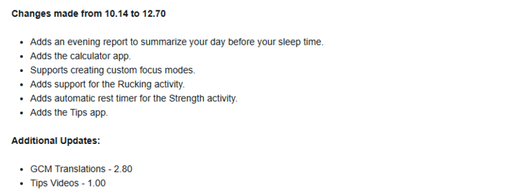 As notas de lançamento da versão 12.70 do software para o smartwatch Garmin vivoactive 6. (Fonte da imagem: Garmin)