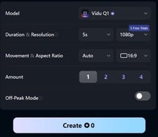 Escolha do modelo e da resolução (fonte da imagem: captura de tela no Vidu.com)