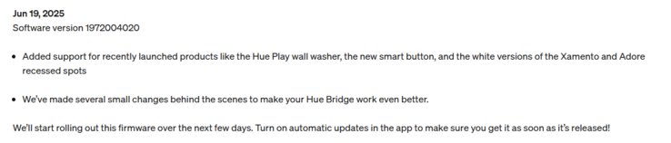 As notas de lançamento da versão do software Philips Hue Bridge 1972004020. (Fonte da imagem: Philips Hue)