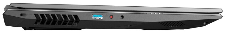 Lado esquerdo: Fechadura de cabo, USB 3.2 Gen 1 (Tipo A), 2 em 1 (mic in, S/PDIF óptico), saída de fone de ouvido