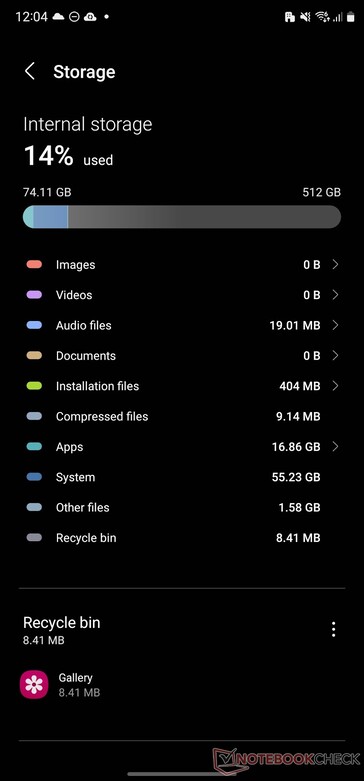 Uso do sistema no Galaxy S23 Ultra com 512 GB de armazenamento. (Fonte de imagem: NotebookCheck)