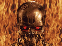 Na foto, uma captura de tela do T-1000 contra um fundo de chamas, do trailer de Terminator 2D: No Fate. (Fonte da imagem: IGN YouTube)