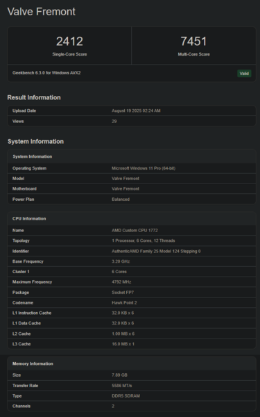 Listagem do Geekbench do Valve Fremont (fonte da imagem: Geekbench)