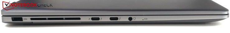 Esquerda: porta de alimentação, 2x USB-C 4.0/Thunderbolt 4 (1x PD), tomada para fone de ouvido