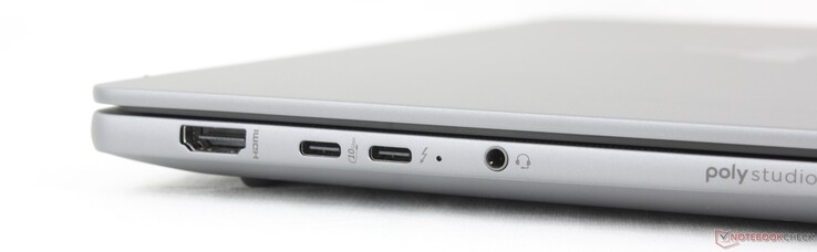 Esquerda: HDMI 2.1, USB-C (10 Gbps) com DisplayPort 2.1 + Power Delivery, USB-C (40 Gbps) Thunderbolt 4 com DisplayPort 2.1 + Power Delivery, fone de ouvido de 3,5 mm