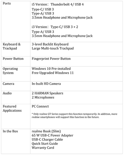 Realme Book Slim - Especificações (contd.). (Fonte: Realme)