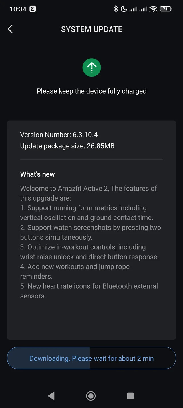 As notas de lançamento da versão 6.3.10.4 do software para o Amazfit Active 2 (Round). (Fonte da imagem: Reddit)