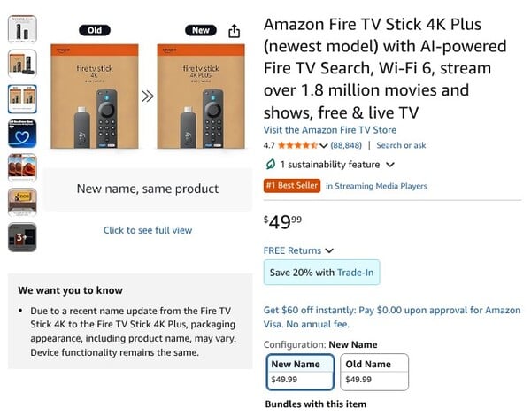 Os compradores podem escolher entre a embalagem com o novo nome ou com o nome antigo. (Fonte da imagem: Amazon)