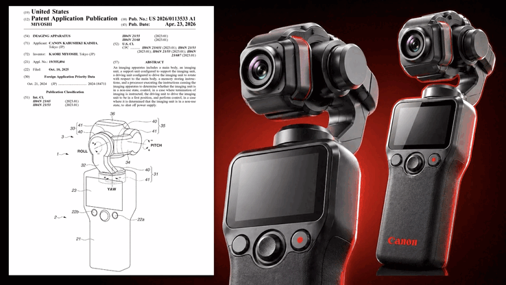 Patente da Canon de abril de 2026 (esquerda) e renderizações de gimbal de 3 eixos (direita). Os novos projetos priorizam a portabilidade da lente fixa e o gerenciamento inteligente de energia.