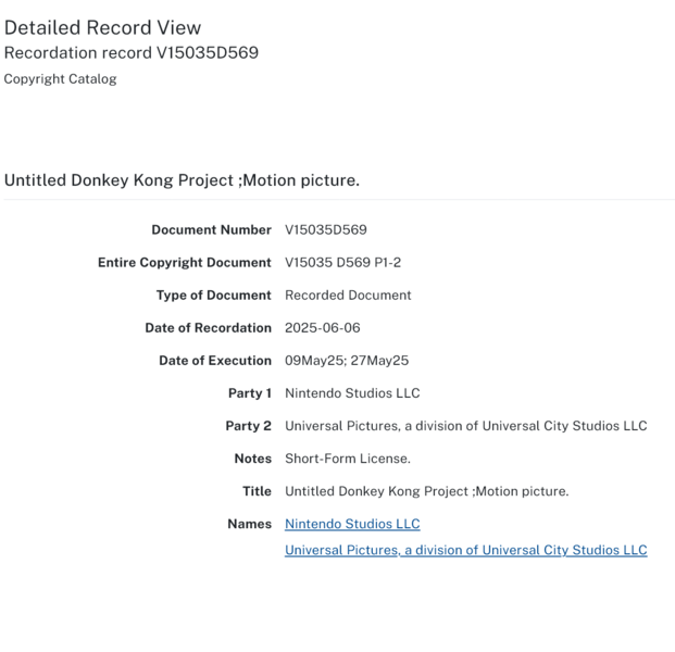 Direitos autorais da Nintendo e da Universal Pictures para o filme Donkey Kong (Fonte da imagem: site do escritório de direitos autorais dos EUA)