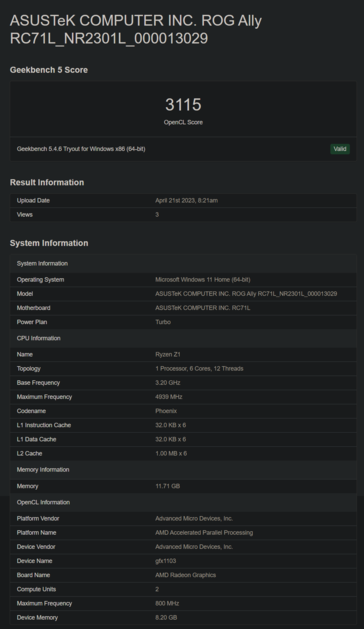 Asus ROG Ally on Geekbench (imagem via Geekbench)