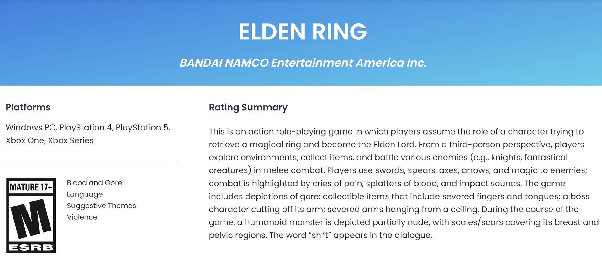 Anel Elden Ring ESRB classifica o chefe auto-amutável, monstro semi nu, e  linguagem forte -  News