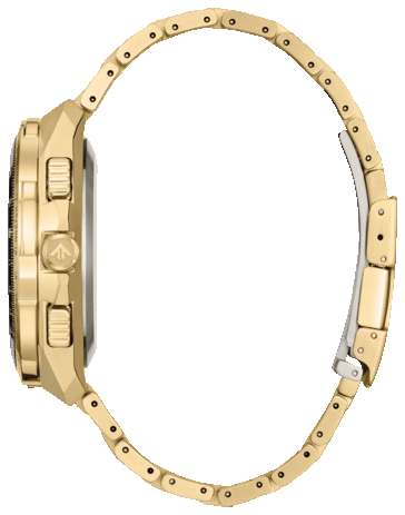 Perfil lateral do Citizen Promaster Skyhawk A-T JY8144-50E, mostrando sua grande caixa em aço inoxidável com acabamento dourado, a coroa e a pulseira integrada.