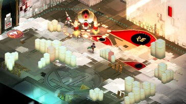 Uma imagem mostrando uma batalha em Transistor.