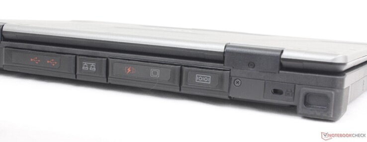 Traseira: 2x USB-A 3.2 Gen. 2, RJ-45, USB-A 3.2 Gen. 1, porta VGA, trava Kensington