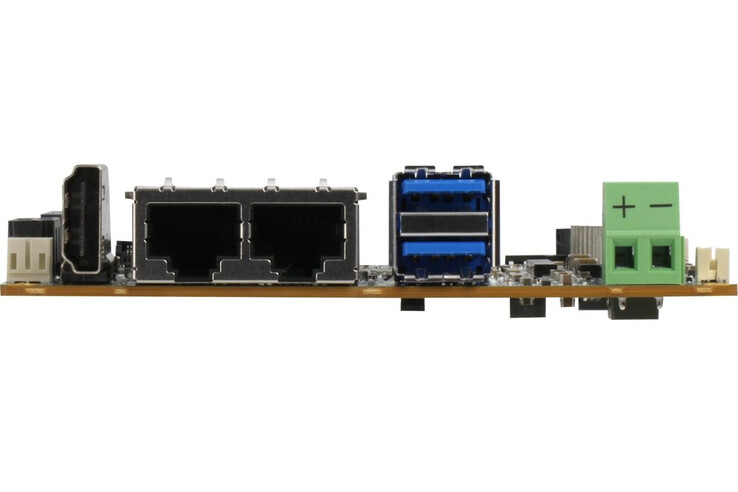 O Aaeon PICO-ARU4 SBC apresenta um conjunto decente de portas considerando seu tamanho, incluindo portas LAN duplas. (Fonte da imagem: Aaeon)