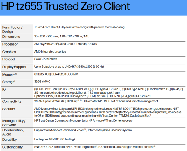 Especificações do HP tz655 Trusted Zero Client (imagem via HP)