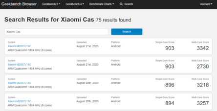 A busca de Xiaomi Cas no banco de dados do Geekbench 5 só retorna resultados para o Xiaomi M2007J1SC. (Fonte da imagem: Geekbench)
