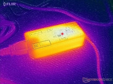 O adaptador de corrente alternada atinge mais de 53 °C ao operar com cargas exigentes