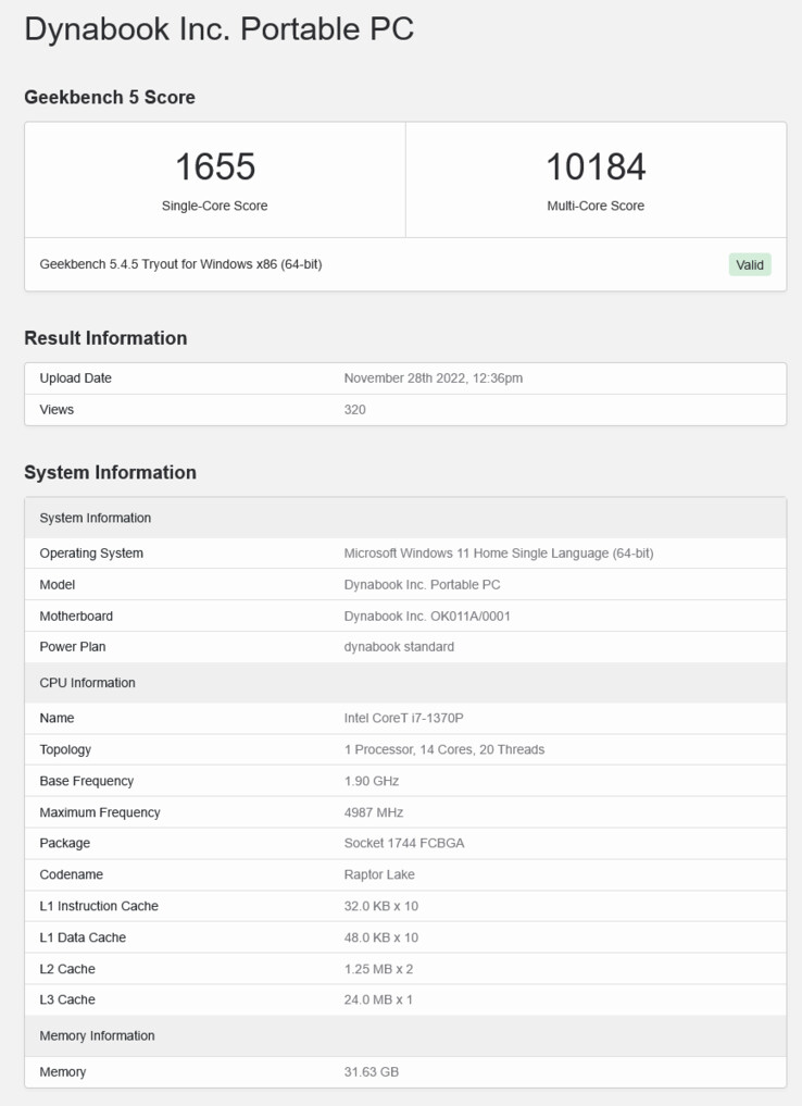 Intel Raptor Lake Core i7-1370P em um laptop Dynabook. (Fonte: Geekbench)