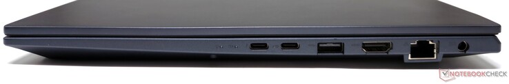Direito: Thunderbolt 4, USB 3.2 Gen2 Tipo C (DisplayPort/fornecimento de energia), USB 3.2 Gen1 Tipo A, saída HDMI 2.1, RJ-45, entrada CC