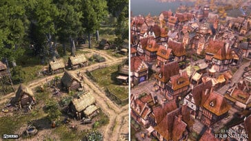 Uma imagem mostrando duas cidades em Farthest Frontier.