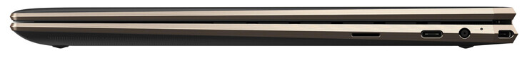 Lado direito: Leitor de cartões SD (MicroSD), uma porta Thunderbolt 4 (Tipo-C; Fornecimento de energia, DisplayPort), tomada de energia, uma porta Thunderbolt 4 (Tipo-C; Fornecimento de energia, DisplayPort)