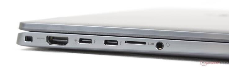 Esquerda: Slot de travamento em cunha, HDMI 2.0, 2x USB-C c/ Thunderbolt 4 + DisplayPort + Power Delivery, leitor MicroSD, conector de áudio de 3,5 mm