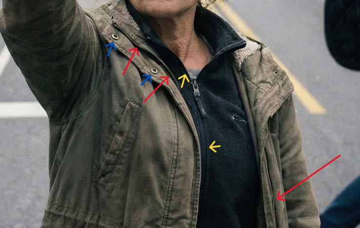 Os zíperes e botões não combinam.